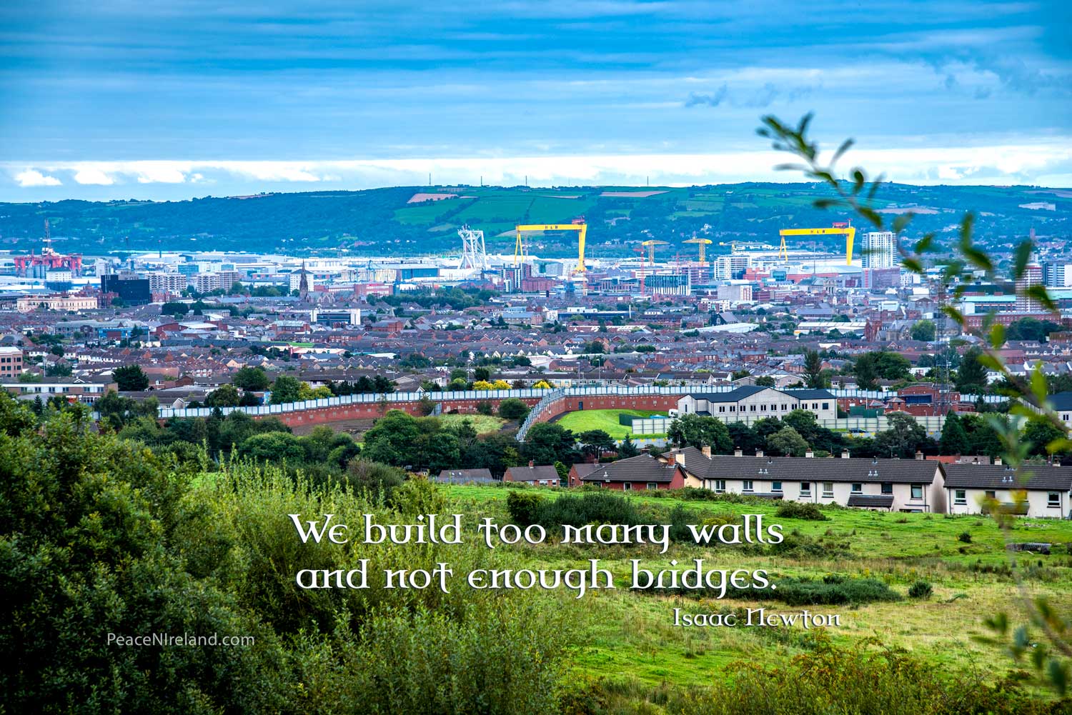 View over Belfast City with Peace Wall in the foreground