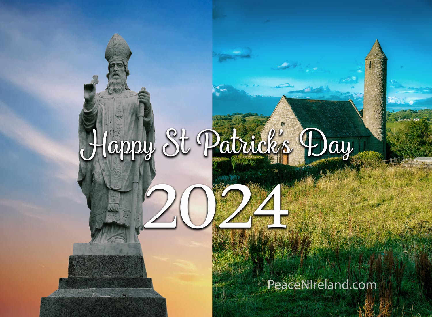 The image on the left is the statue of St Patrick at the Hill of Tara in County Meath, Ireland. On the right is the church at Saul in County Down, very close to Downpatrick, which stands on the site of where Patrick established the first Christian Church in Ireland in a simple barn in 432AD. This church was build in 1932 and is still used today as a place of worship.